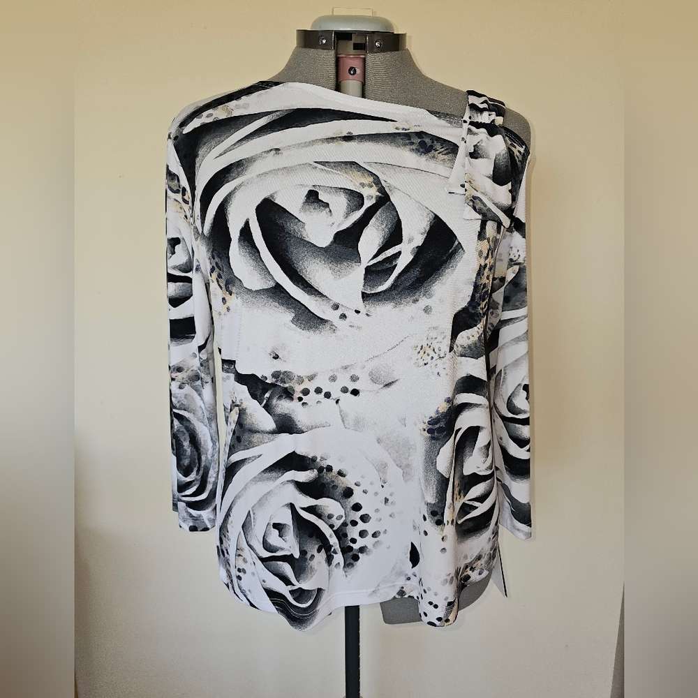 Clara Sun Woo White Rose Print Drop Shoulder Ribbon Sleeve Top - Large (14)